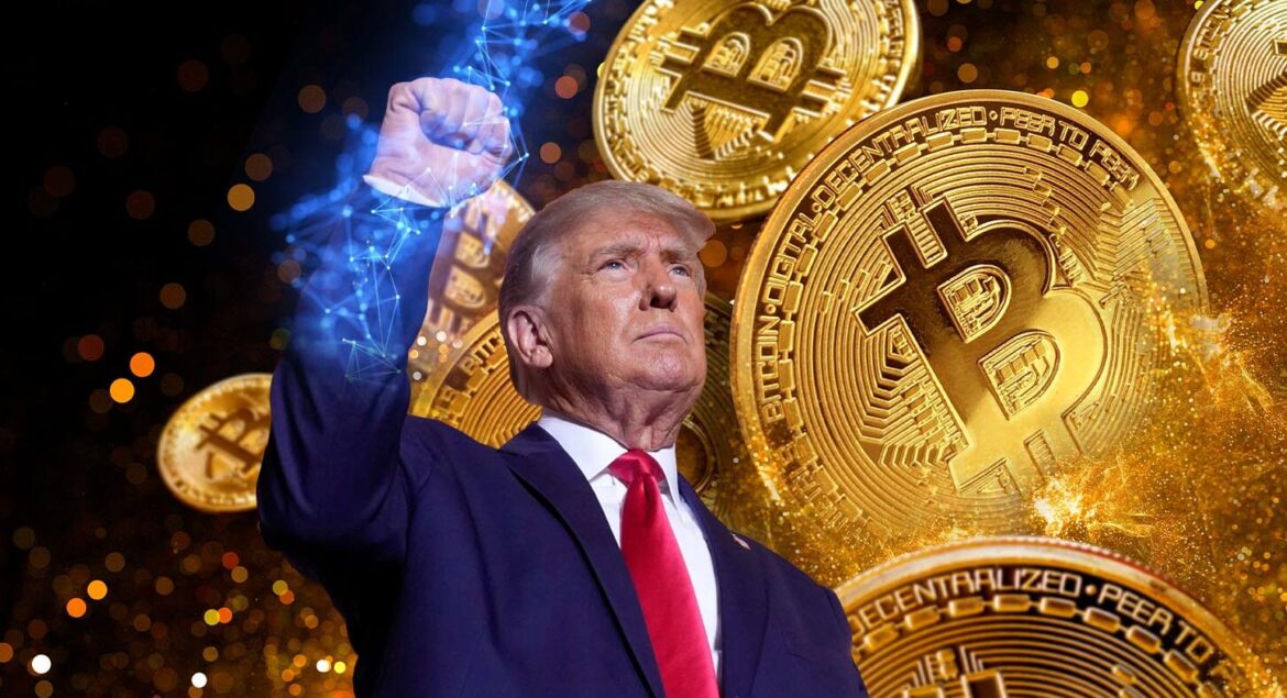 Donald Trump standing proudly infront of a bunch of Bitcoins.